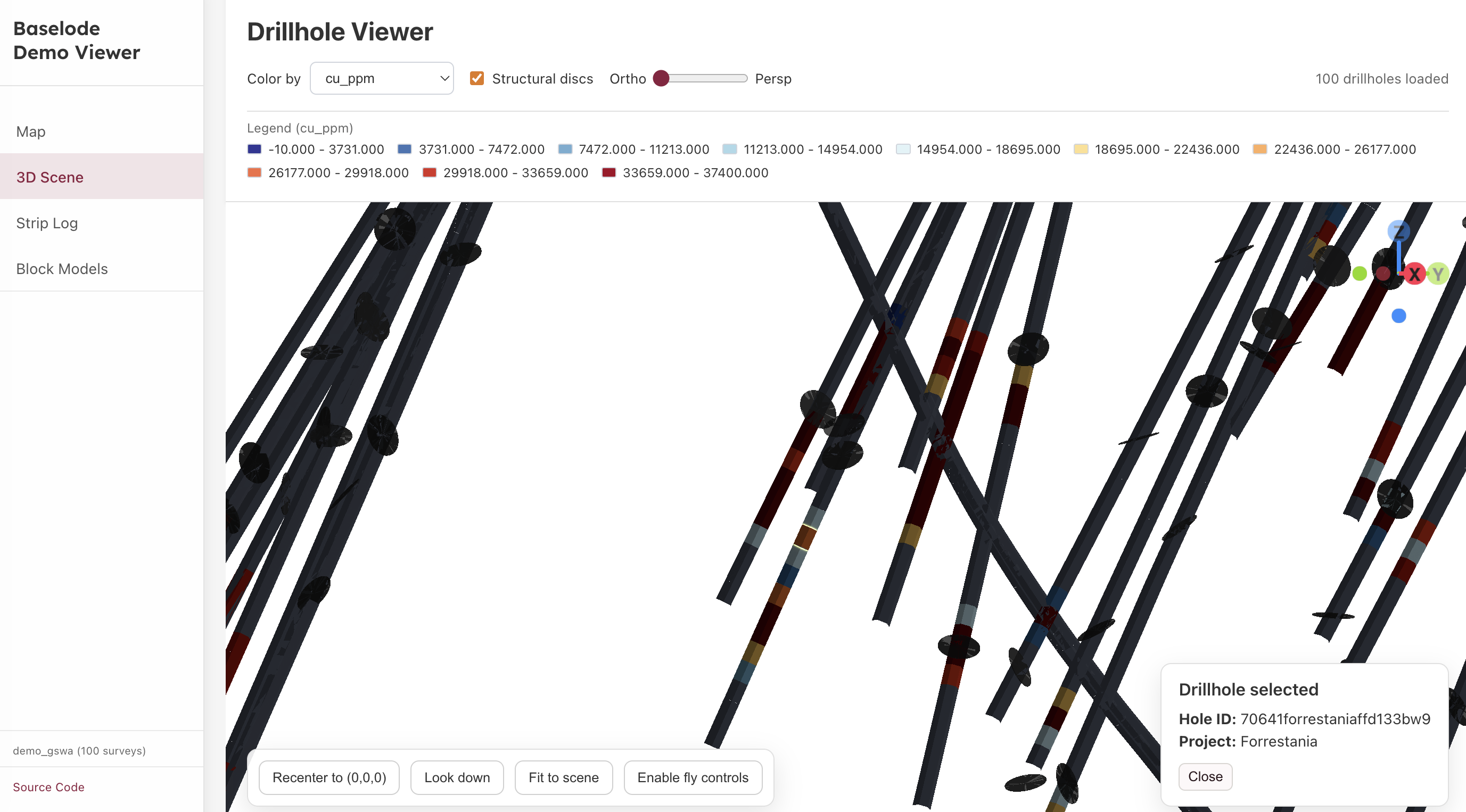 3D drillhole viewer with assay colouring